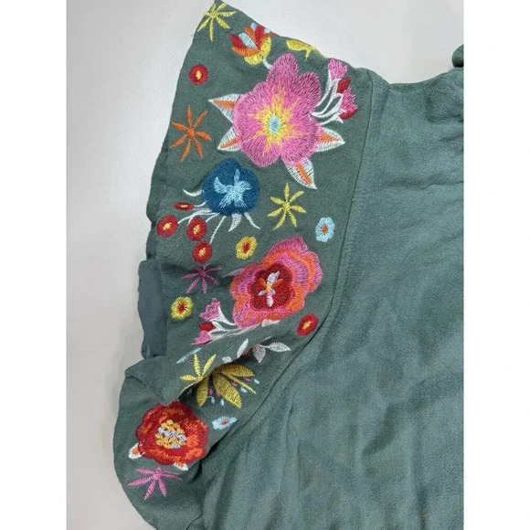 Embroidered Womens Linen Dress 1Sz Green Lagenlook Artsy Cottagecore Boho Hippie - Picture 5 of 16